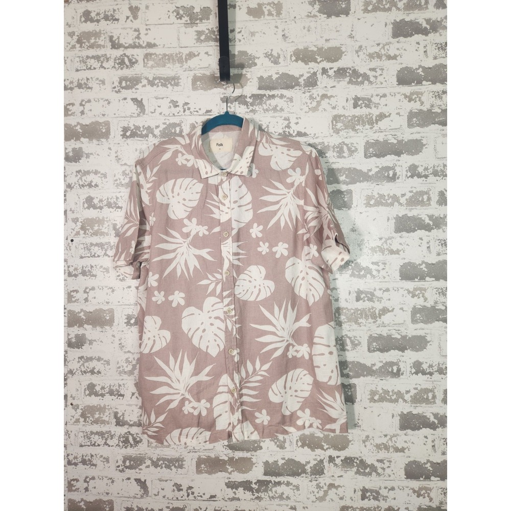 Folk Button Up Short Sleeve Shirt Medium Pink Tropical Beach Resort Wear